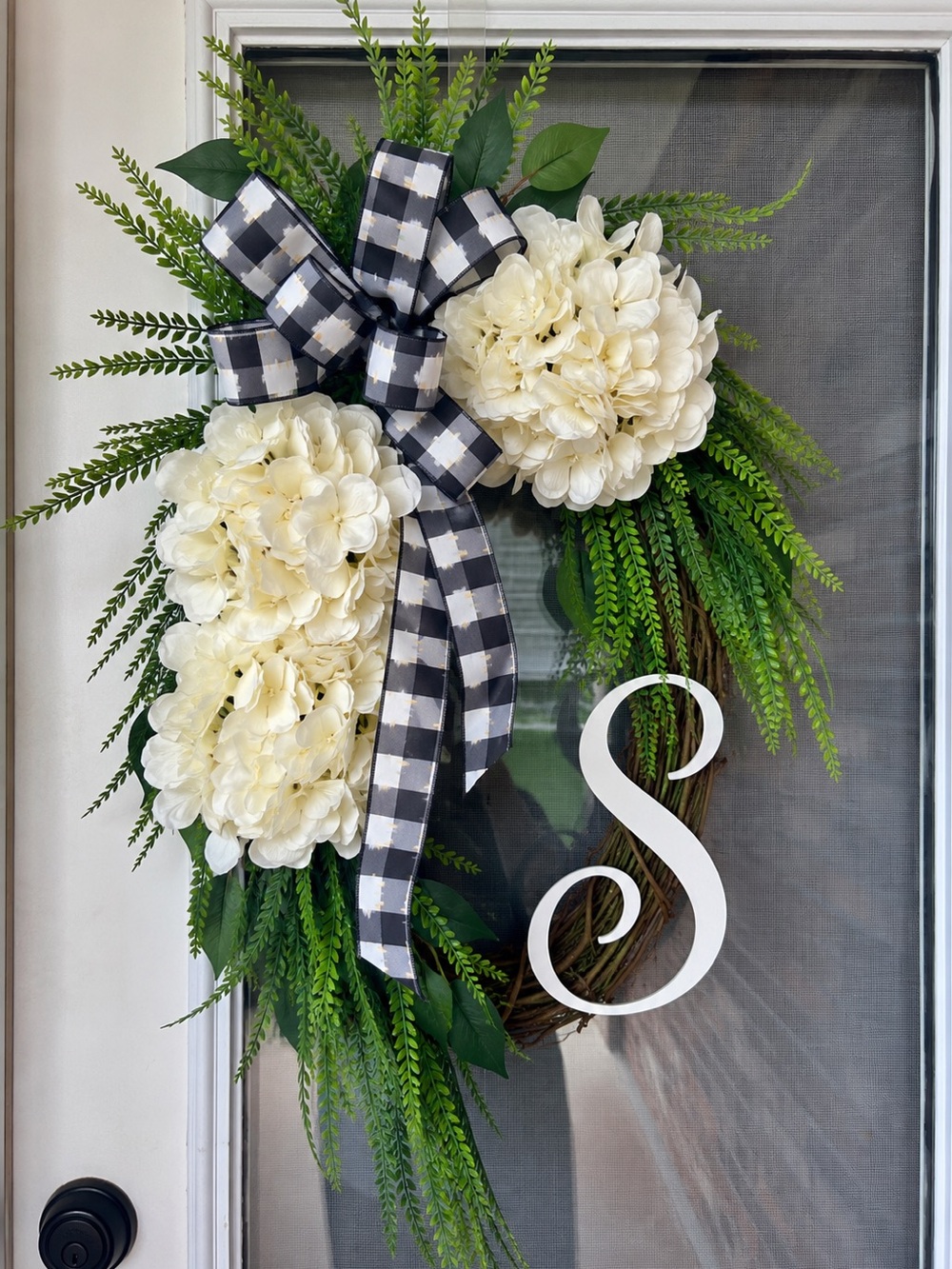 White Hydrangea & Greenery Wreath with Black Gingham Bow